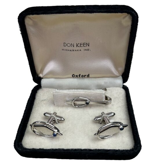Don Keen Oxford Cufflinks Tie Clip Set Silver Tone Blue Stone in Box - Picture 1 of 5
